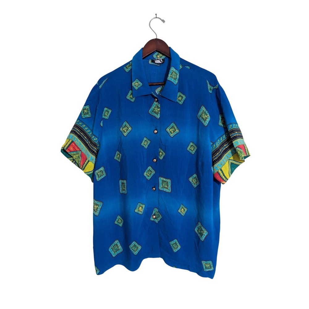 Rebecca Jones Vtg Blue Geometric Rayon Button Up‎ Shirt Womens 2X Short Sleeve